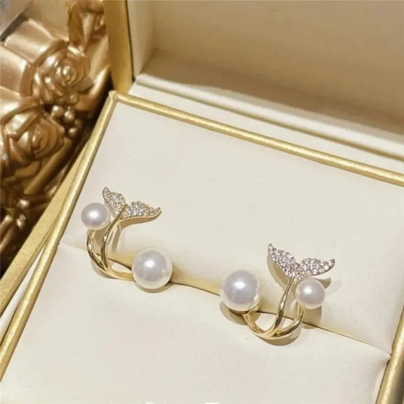 Fish Tail Pearl Earrings, Crystal Imitation Pearl Sweet Earring, Charming Crystal Stud Earrings, Elegant Mermaid Tail Shape Pearl Earrings Fish Tail Pearl Earrings, Crystal Imitation Pearl Sweet Earring, Charming Crystal Stud Earrings, Elegant Mermaid Tail Shape Pearl Earrings